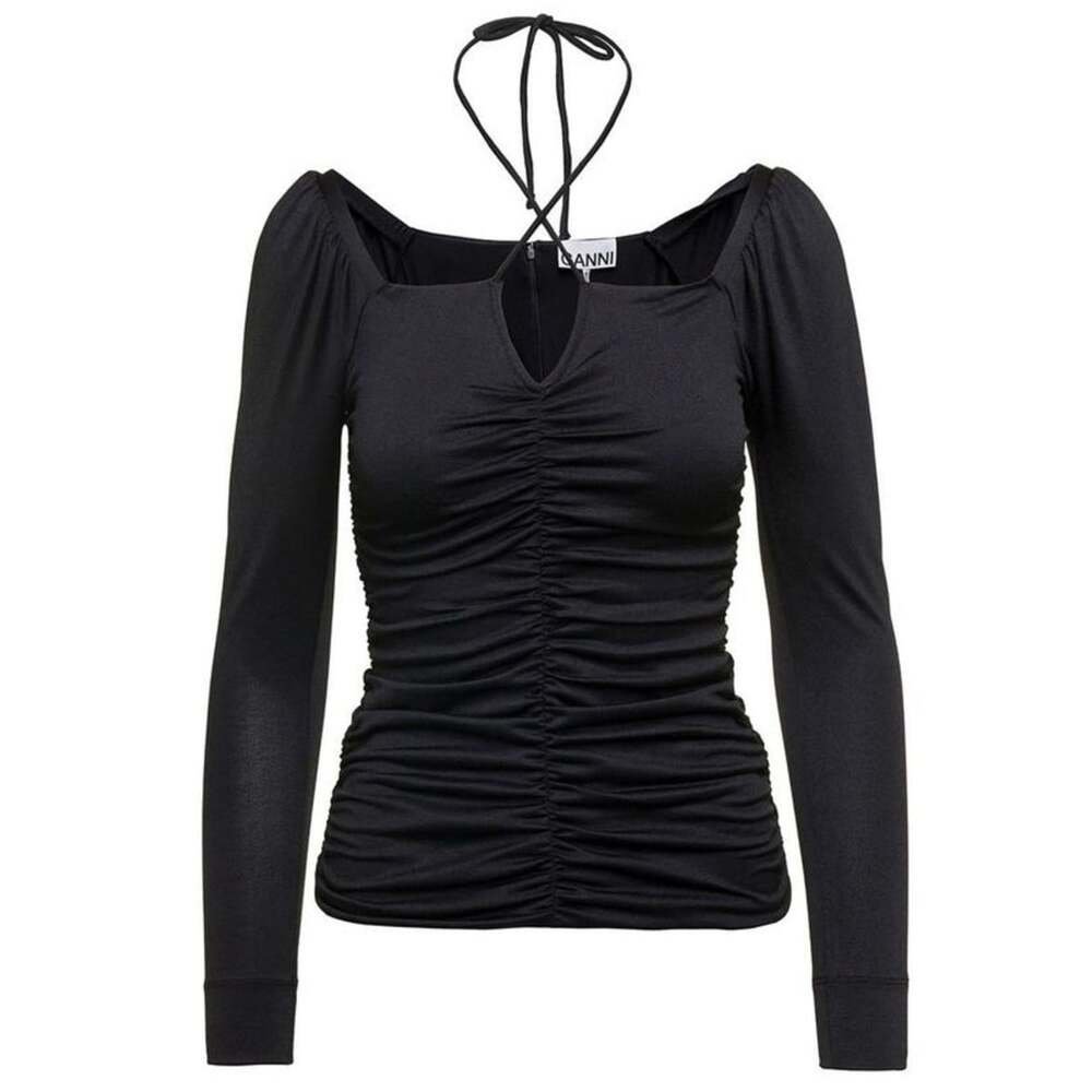 Ganni Black Ruched Long-Sleeve Halter Top